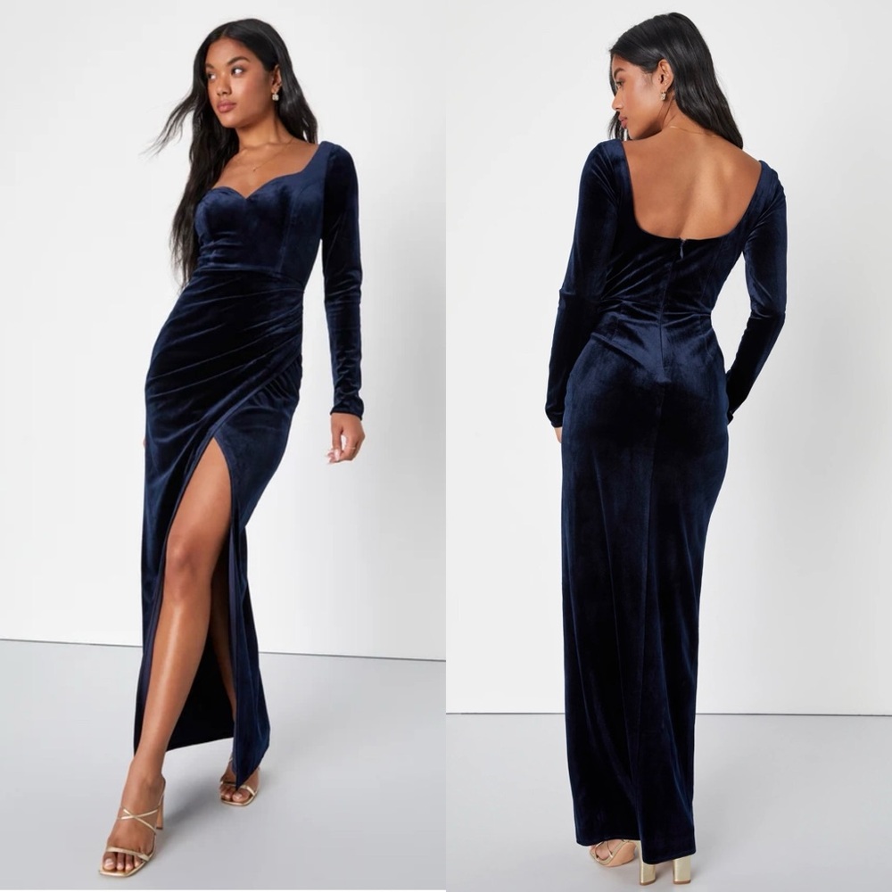 NWT Forever Sensational Navy Blue Velvet Long Sleeve Maxi Dress